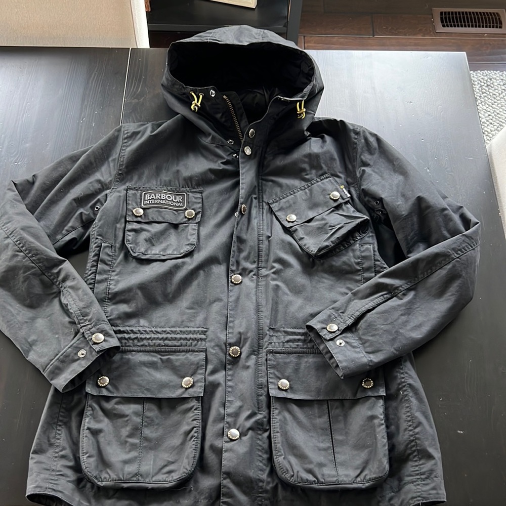 Barbour International waxed, quilted inside, mens size large jacket, color black